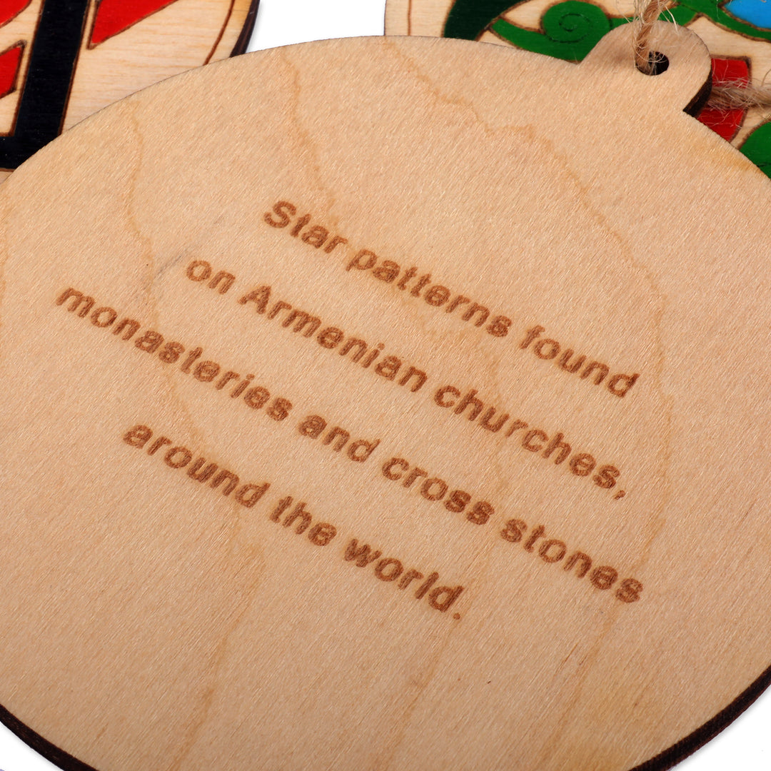Armenian-Themed Set of 3 Hand-Painted Round Wood Ornaments - Palatial Signals