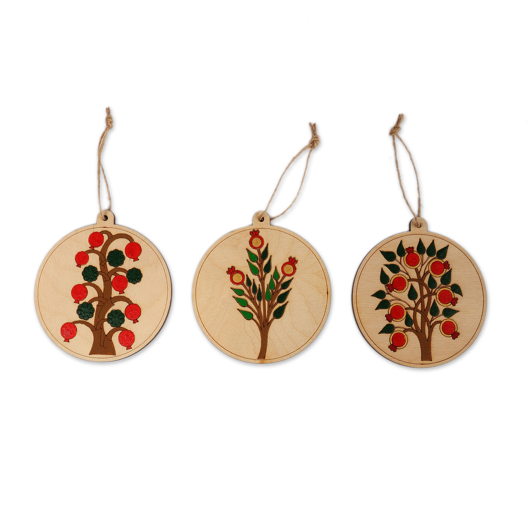Pomegranate-Themed Painted 3-Piece Round Wood Ornament Set - Pomegranate Scapes