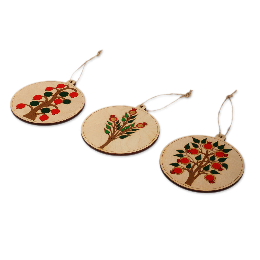 Pomegranate-Themed Painted 3-Piece Round Wood Ornament Set - Pomegranate Scapes