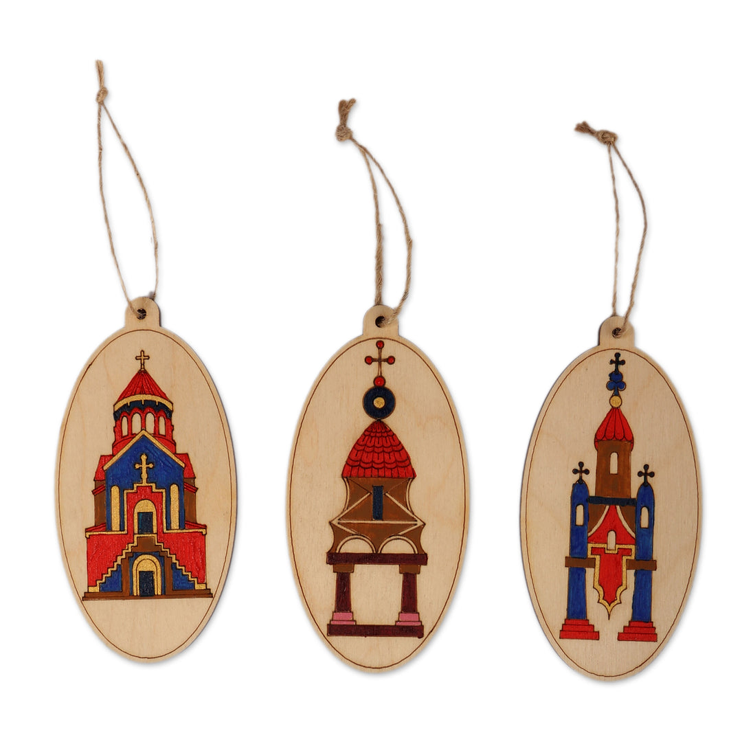 Chapel-Themed 3-Piece Oval Wood Ornament Set from Armenia - Chapels