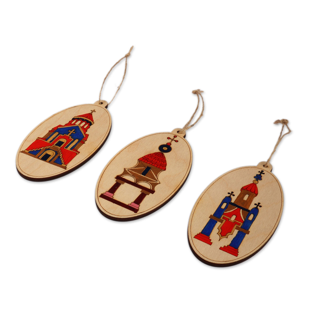 Chapel-Themed 3-Piece Oval Wood Ornament Set from Armenia - Chapels