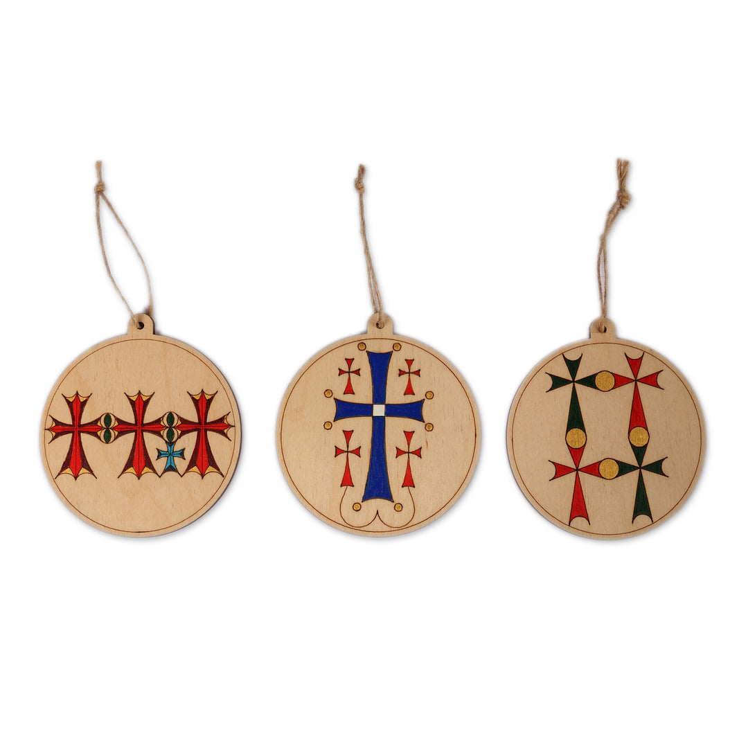 Artisan-Made Cross-Themed 3-Piece Round Wood Ornament Set - Ancient Faith