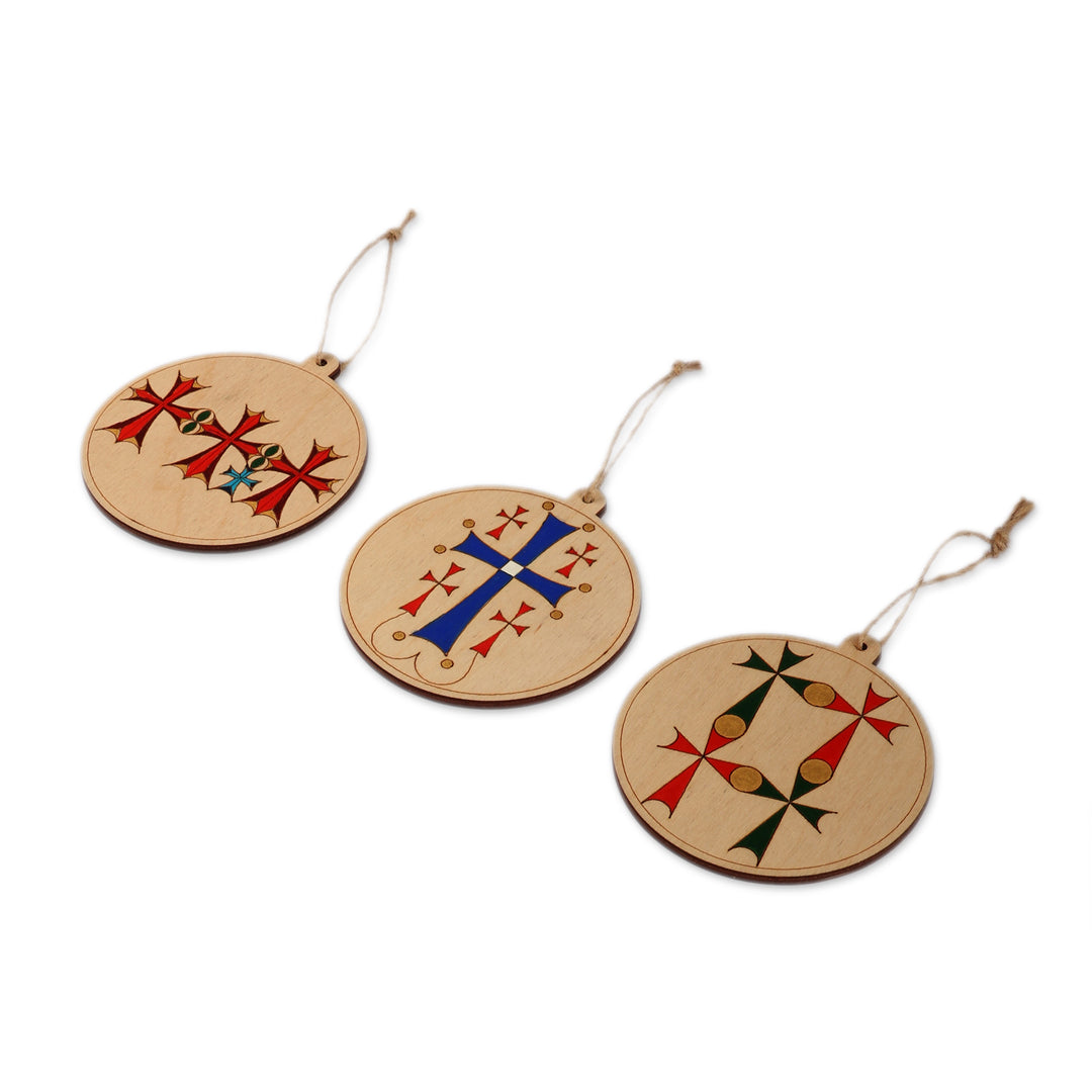 Artisan-Made Cross-Themed 3-Piece Round Wood Ornament Set - Ancient Faith