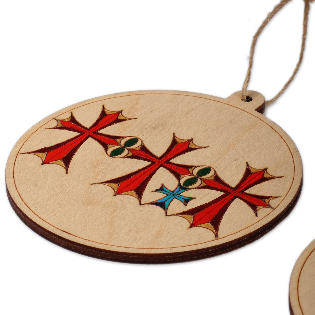 Artisan-Made Cross-Themed 3-Piece Round Wood Ornament Set - Ancient Faith