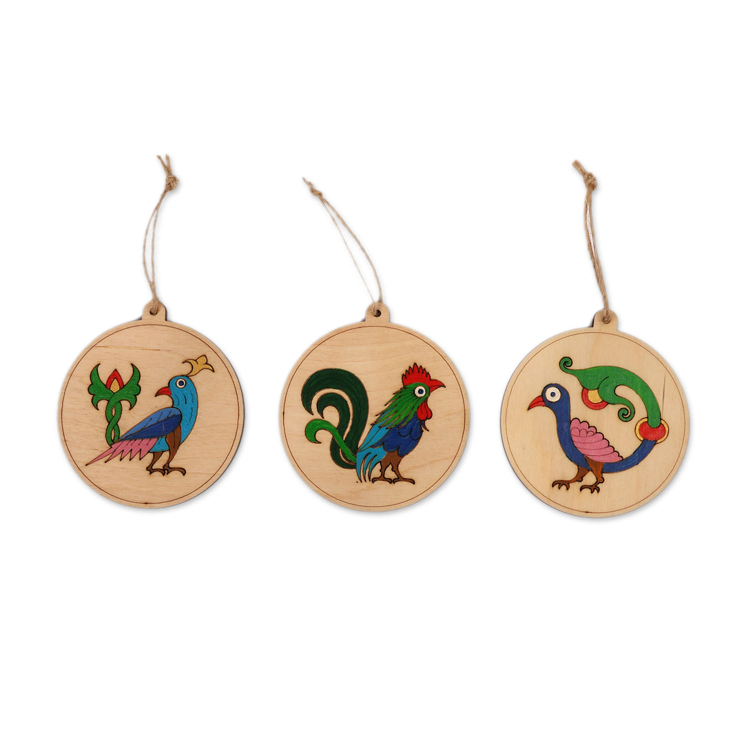 Set of 3 Hand-Painted Folk Art Bird-Themed Wood Ornaments - Folk Art Birds