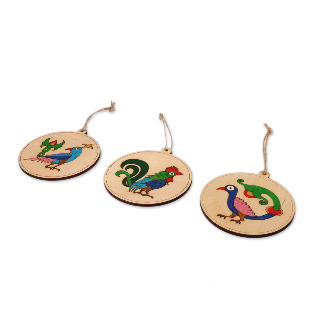 Set of 3 Hand-Painted Folk Art Bird-Themed Wood Ornaments - Folk Art Birds