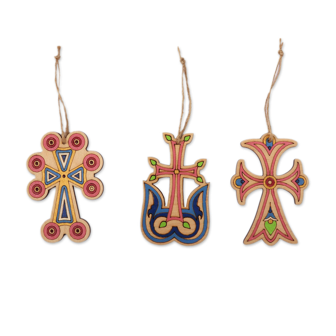 Armenian-Made Painted Cross-Themed 3-Piece Wood Ornament Set - Dulcet Faith