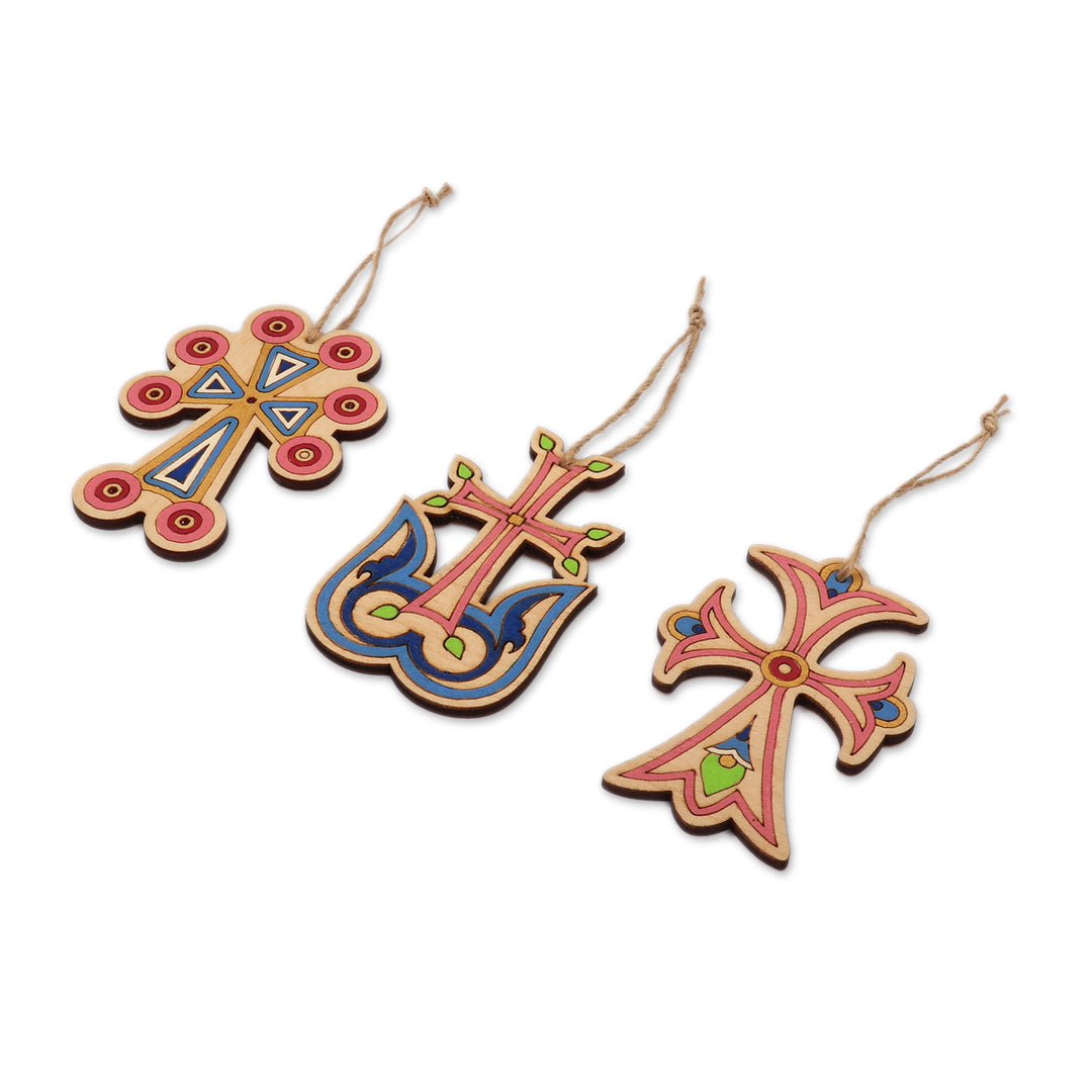 Armenian-Made Painted Cross-Themed 3-Piece Wood Ornament Set - Dulcet Faith