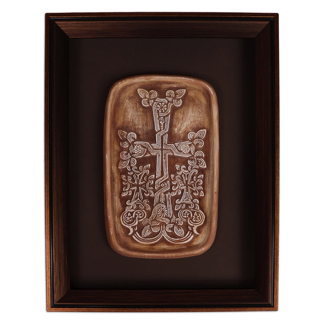 Armenian-Inspired Antiqued Khachkar Cross Porcelain Wall Art - Tree of Life Cross