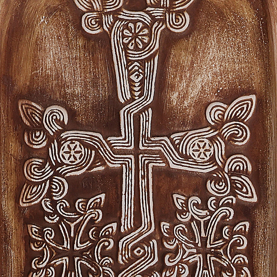 Armenian-Inspired Antiqued Khachkar Cross Porcelain Wall Art - Tree of Life Cross