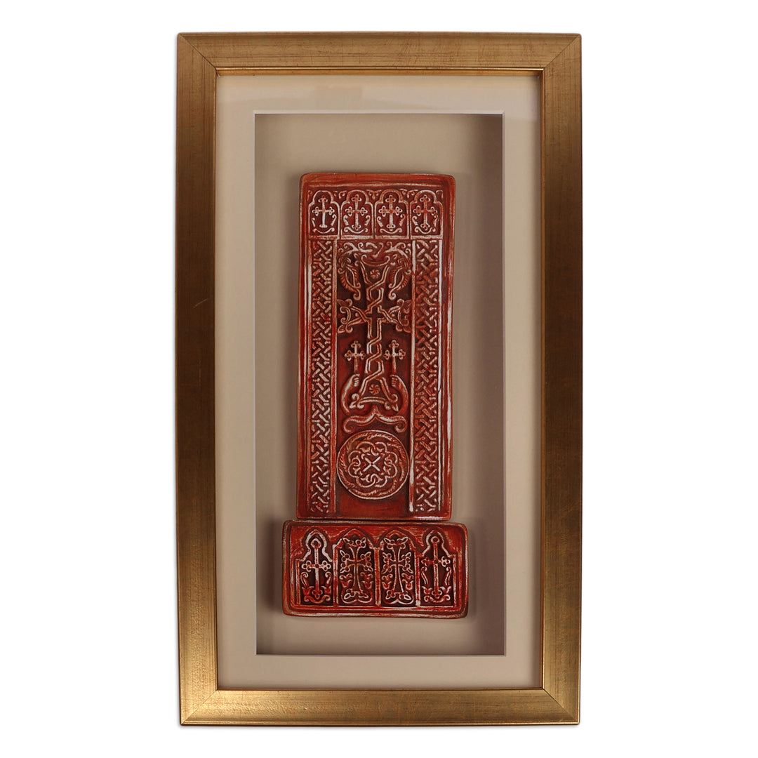 Antiqued Red Porcelain Cross Wall Art with Golden Frame - Legacy of Saint Khazar