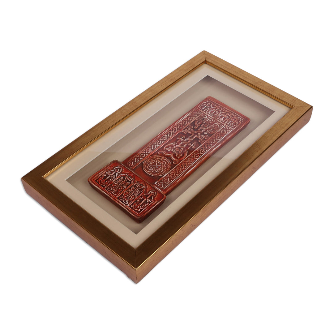 Antiqued Red Porcelain Cross Wall Art with Golden Frame - Legacy of Saint Khazar