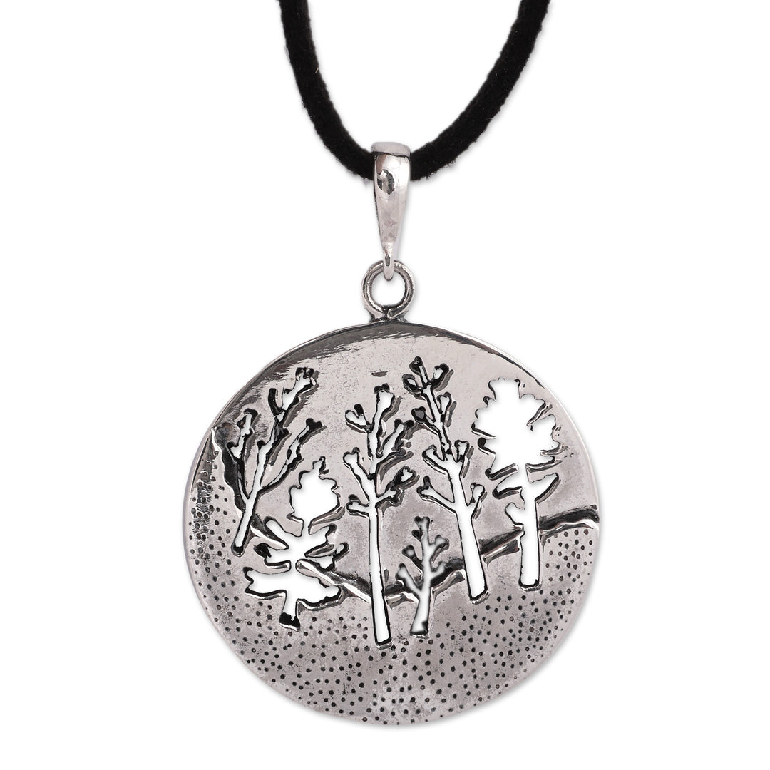 Round Sterling Silver Pendant Necklace with Forest Scape - Sylvan Spell