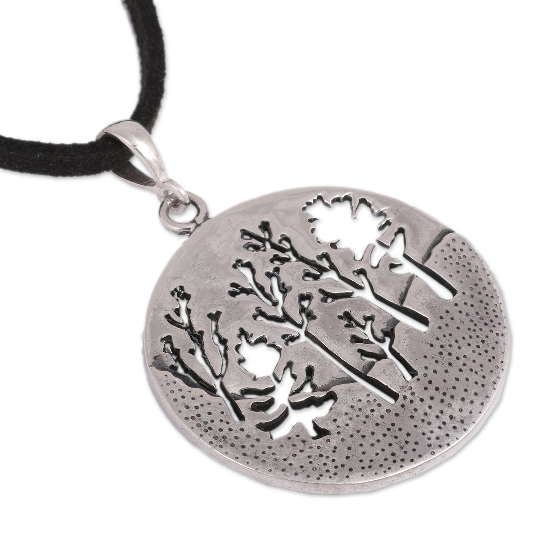 Round Sterling Silver Pendant Necklace with Forest Scape - Sylvan Spell