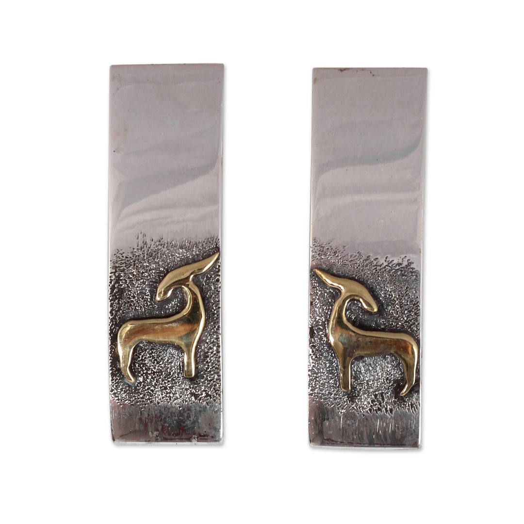 Modern Ram-Themed Sterling Silver and Brass Drop Earrings - Ram Ancestry