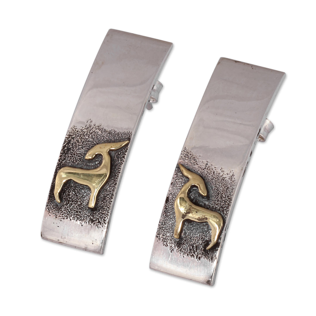 Modern Ram-Themed Sterling Silver and Brass Drop Earrings - Ram Ancestry