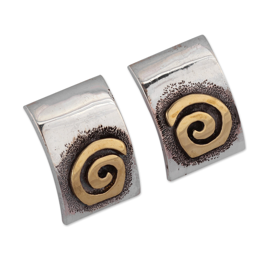 Sterling Silver Button Earrings with Brass Spiral Details - Sun Hypnosis
