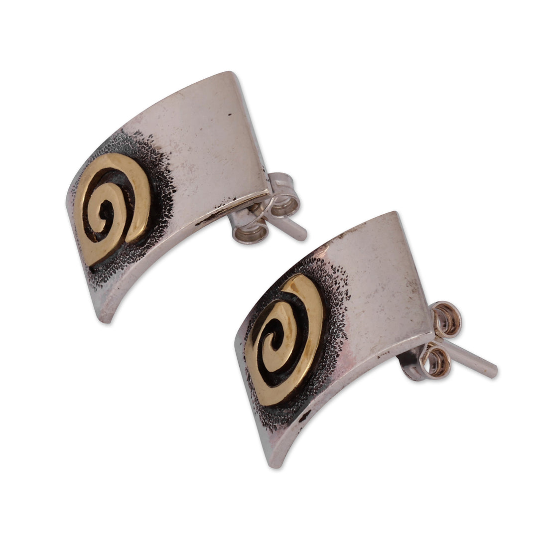Sterling Silver Button Earrings with Brass Spiral Details - Sun Hypnosis