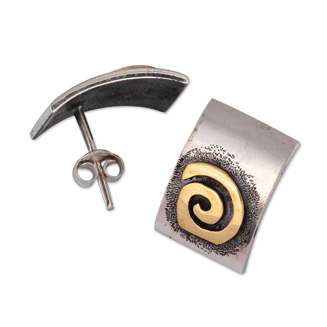 Sterling Silver Button Earrings with Brass Spiral Details - Sun Hypnosis