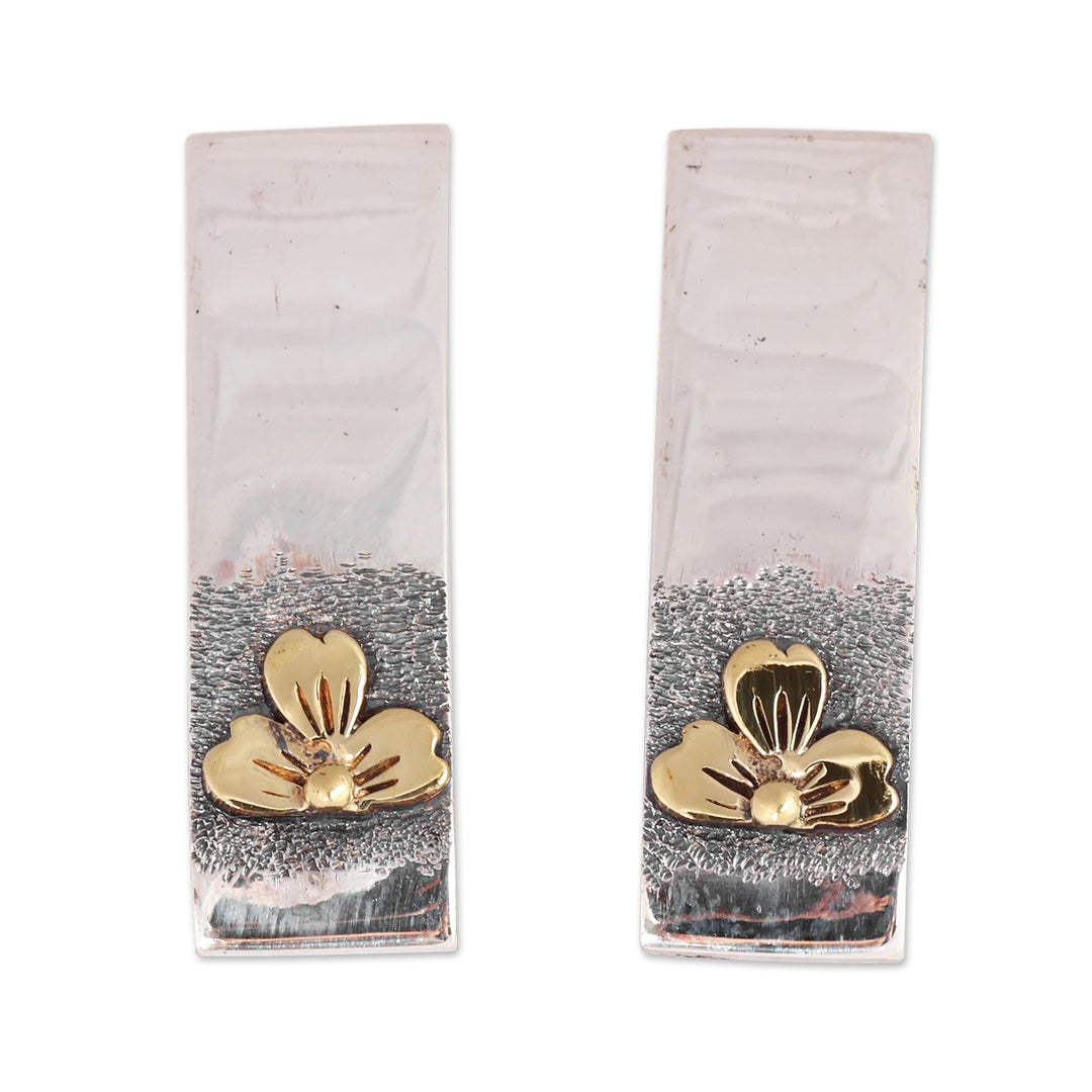 Minimalist Floral Sterling Silver and Brass Drop Earrings - Spring Altars