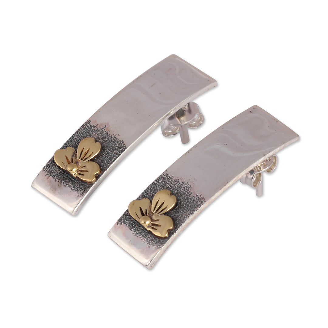 Minimalist Floral Sterling Silver and Brass Drop Earrings - Spring Altars