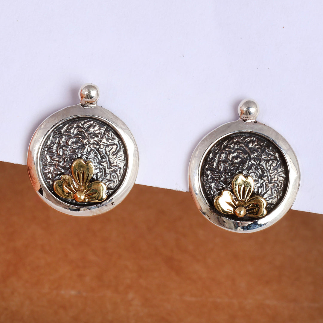 Spring-Themed Sterling Silver and Brass Button Earrings - Spring Cycle