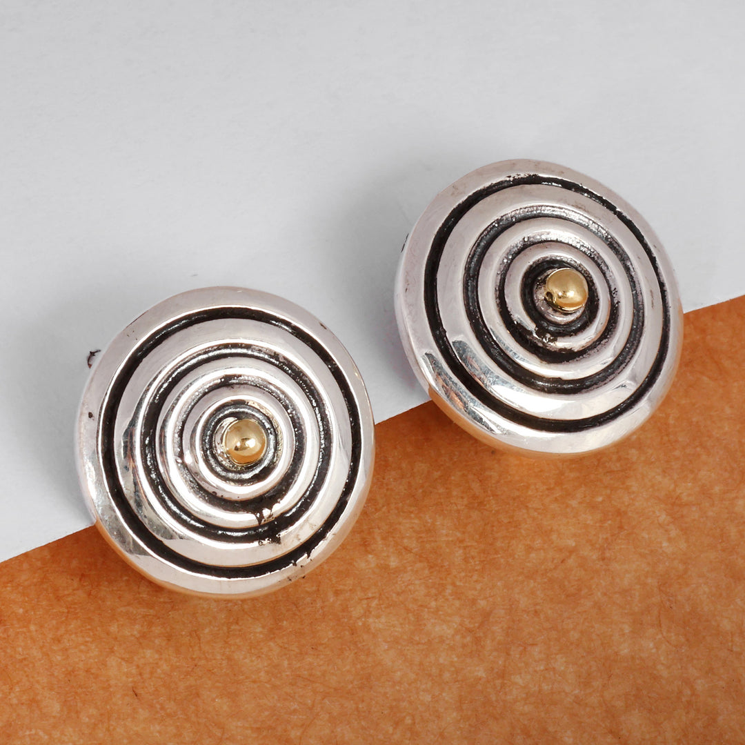 Folk Art Round Sterling Silver and Copper Button Earrings - Victorious Illusions
