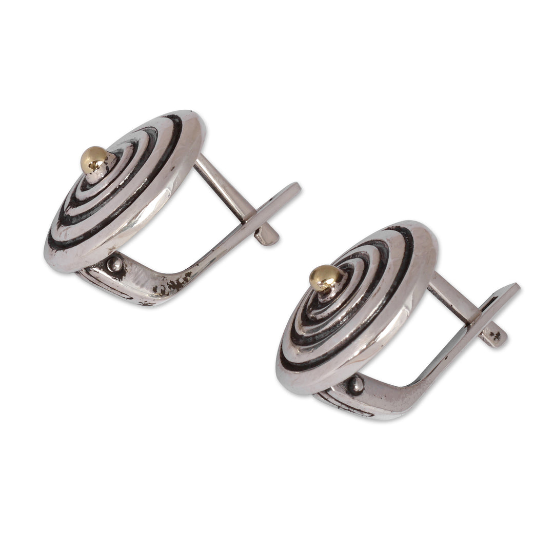 Folk Art Round Sterling Silver and Copper Button Earrings - Victorious Illusions
