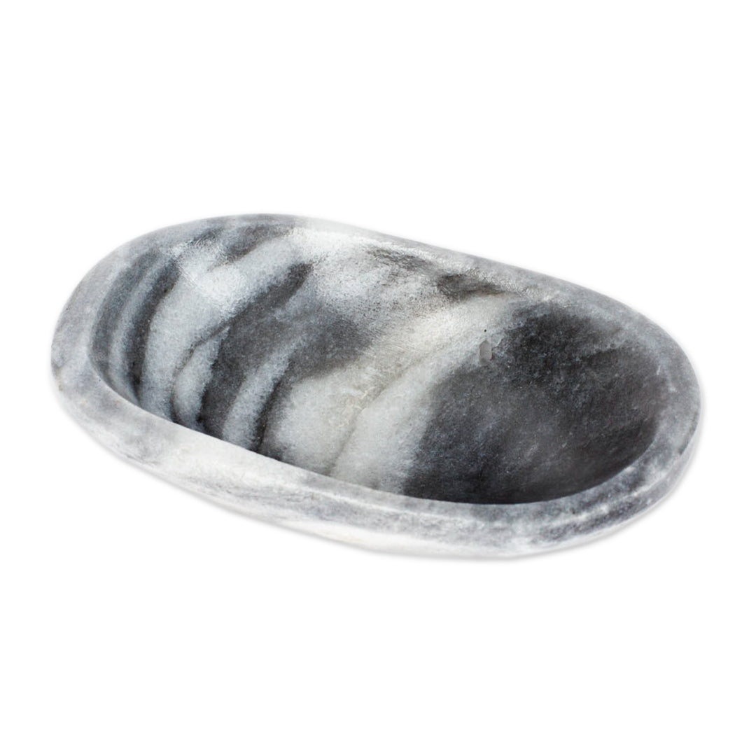 Grey and White Natural Marble Catchall Hand-Carved in Mexico - Grey Finesse