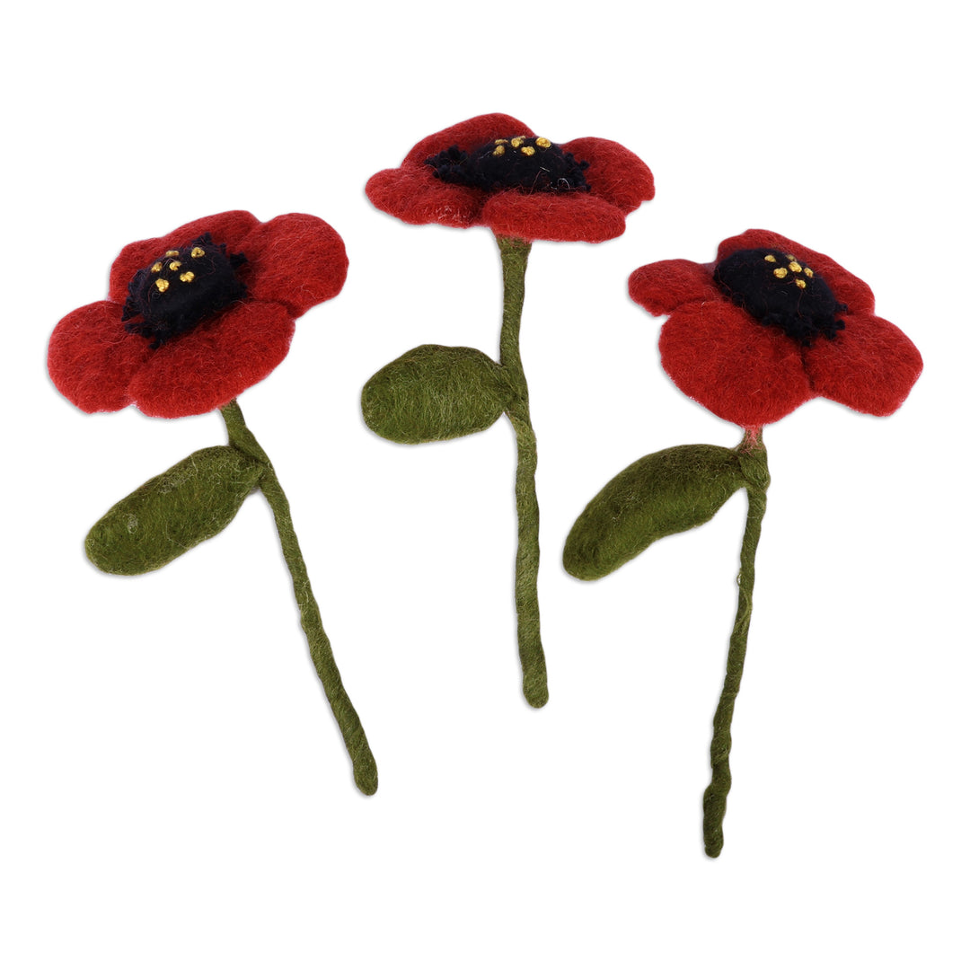 Handmade Poppy-Shaped 3-Piece Wool Felt Home Accent Set - Poppy Illusion