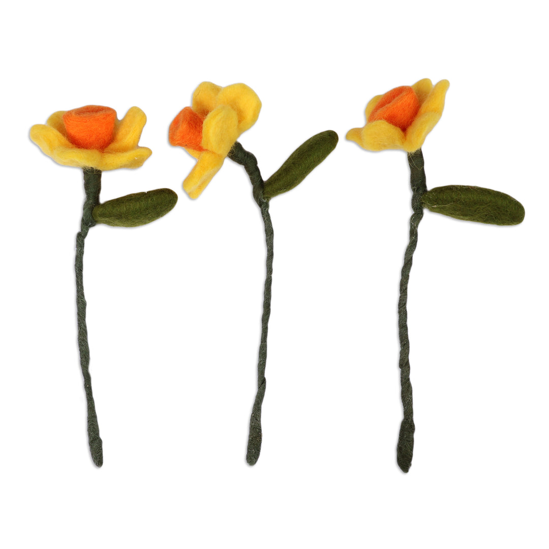 Fair Trade Daffodil-Shaped 3-Piece Wool Felt Home Accent Set - Daffodil Illusion