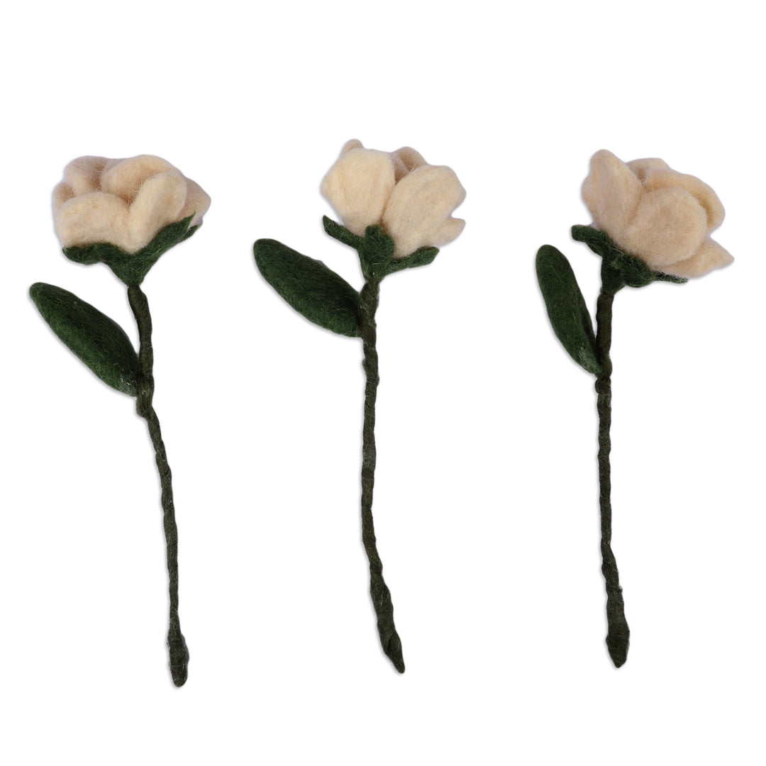 3-Piece White Rose Wool Felt Home Accent Set from Armenia - White Rose Illusion