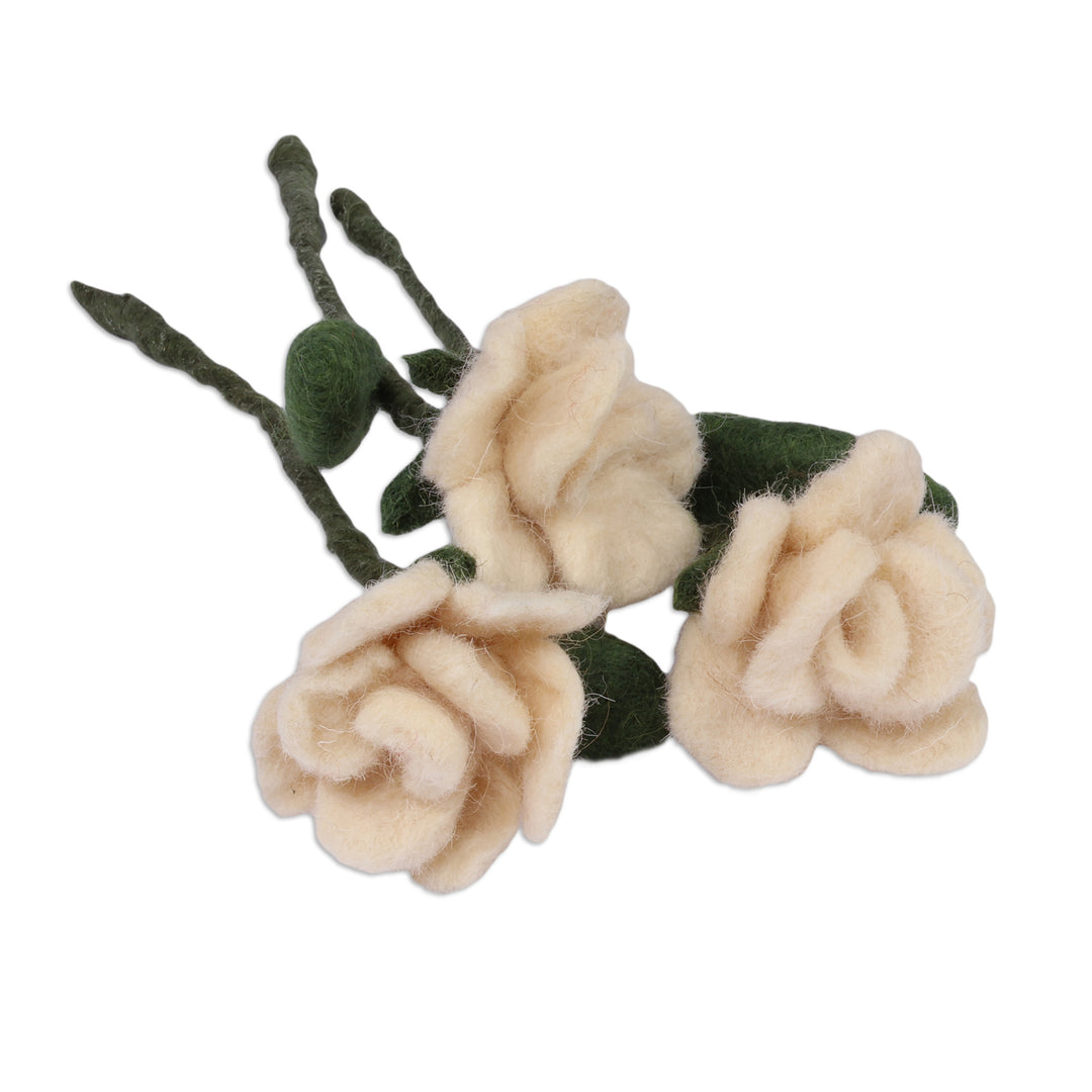 3-Piece White Rose Wool Felt Home Accent Set from Armenia - White Rose Illusion