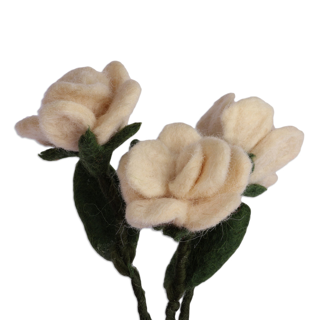 3-Piece White Rose Wool Felt Home Accent Set from Armenia - White Rose Illusion