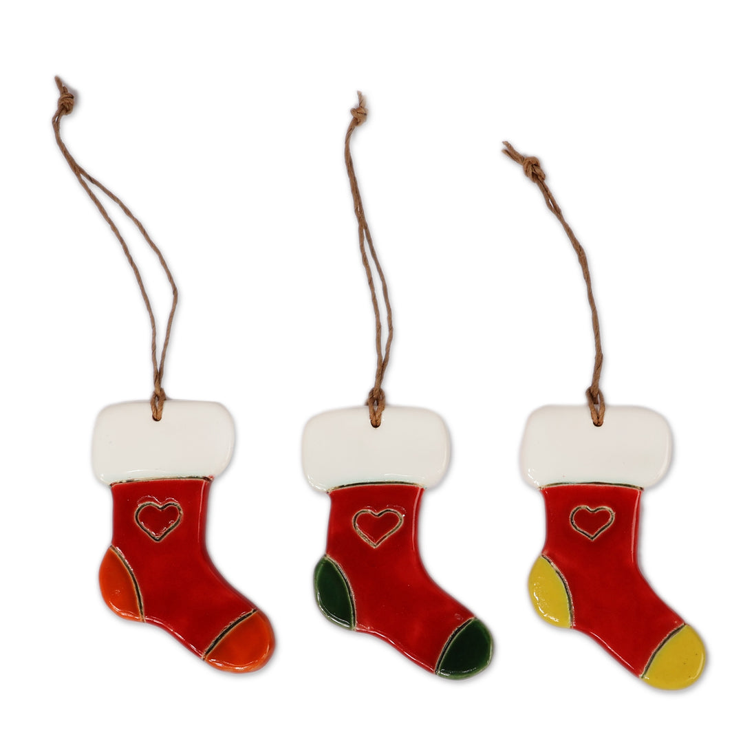 Heart-Themed 3-Piece Ceramic Christmas Stocking Ornament Set - Heartfelt Gifts
