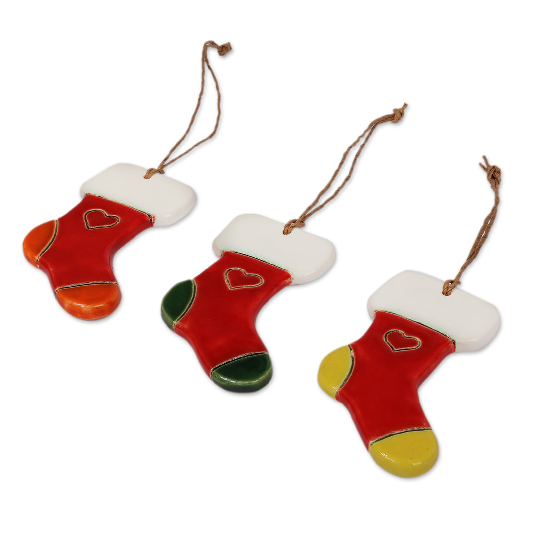 Heart-Themed 3-Piece Ceramic Christmas Stocking Ornament Set - Heartfelt Gifts