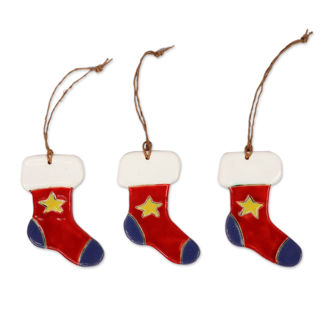 Star-Themed 3-Piece Ceramic Christmas Stocking Ornament Set - Starry Gifts