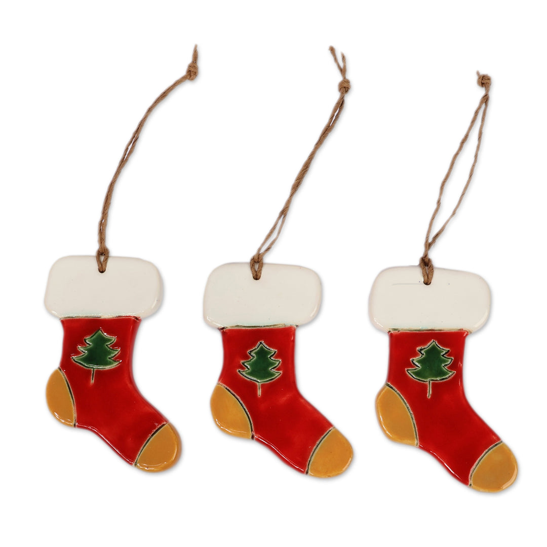 Tree-Themed 3-Piece Ceramic Christmas Stocking Ornament Set - Sylvan Gifts