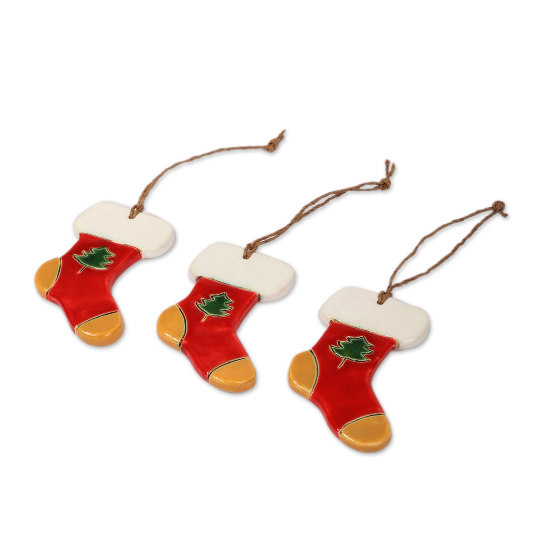 Tree-Themed 3-Piece Ceramic Christmas Stocking Ornament Set - Sylvan Gifts