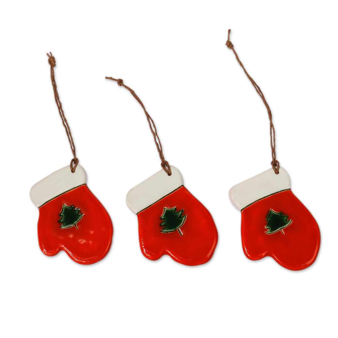 Hand-Painted 3-Piece Fir Tree Ceramic Ornament Set in Orange - Cozy Forest