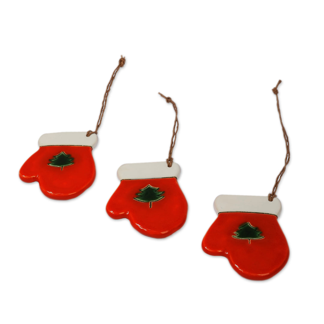 Hand-Painted 3-Piece Fir Tree Ceramic Ornament Set in Orange - Cozy Forest