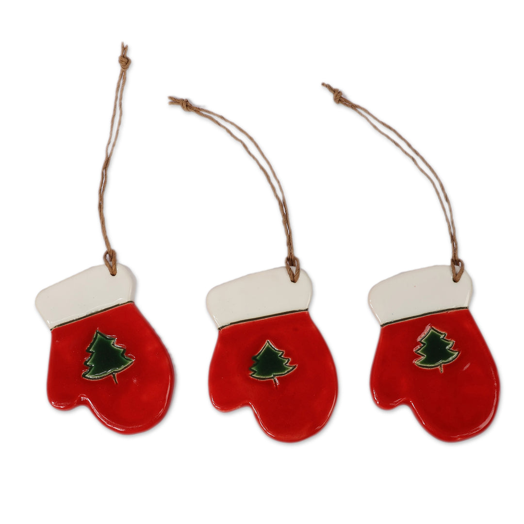 Artisan-Made 3-Piece Fir Tree Ceramic Ornament Set in Red - Cozy Christmas
