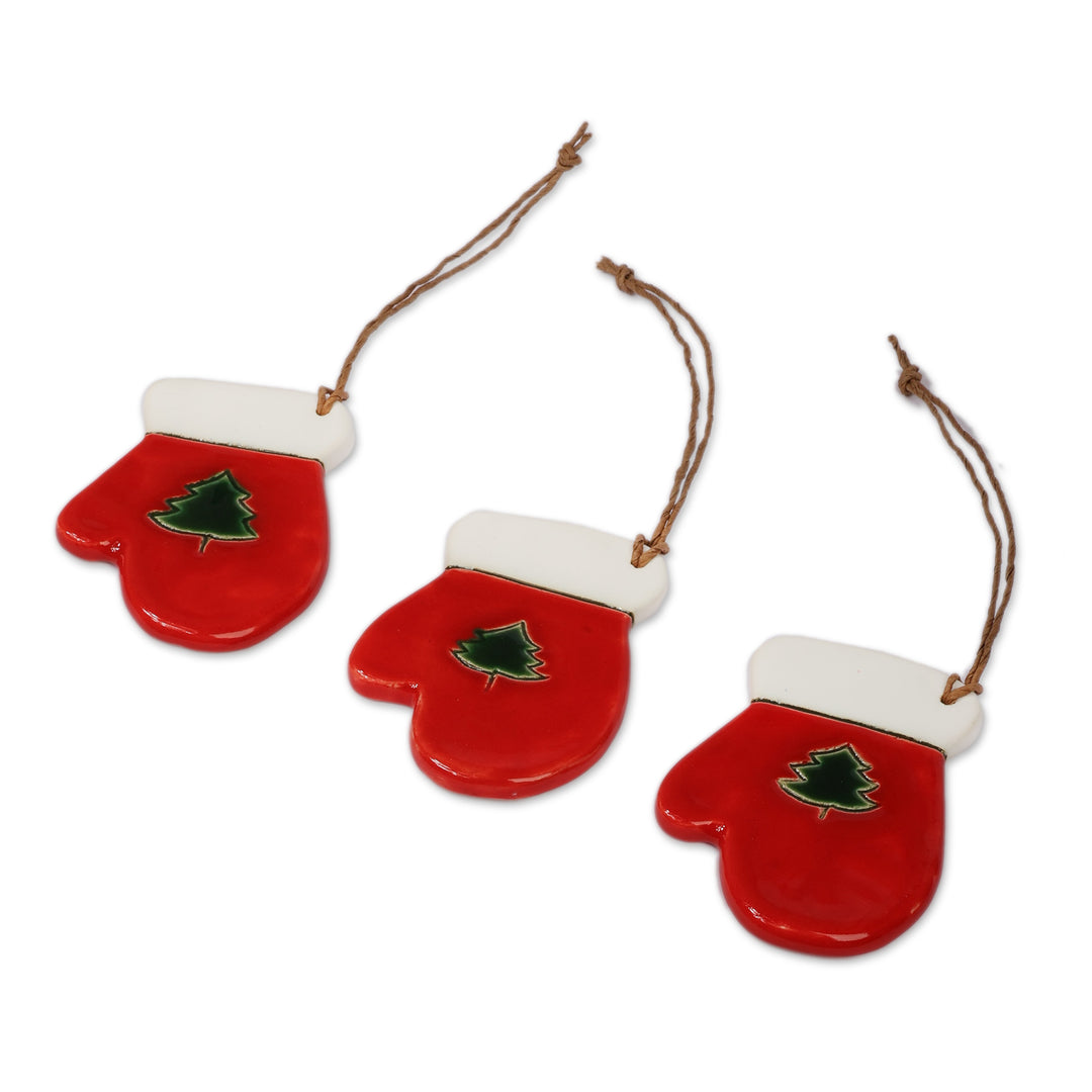 Artisan-Made 3-Piece Fir Tree Ceramic Ornament Set in Red - Cozy Christmas