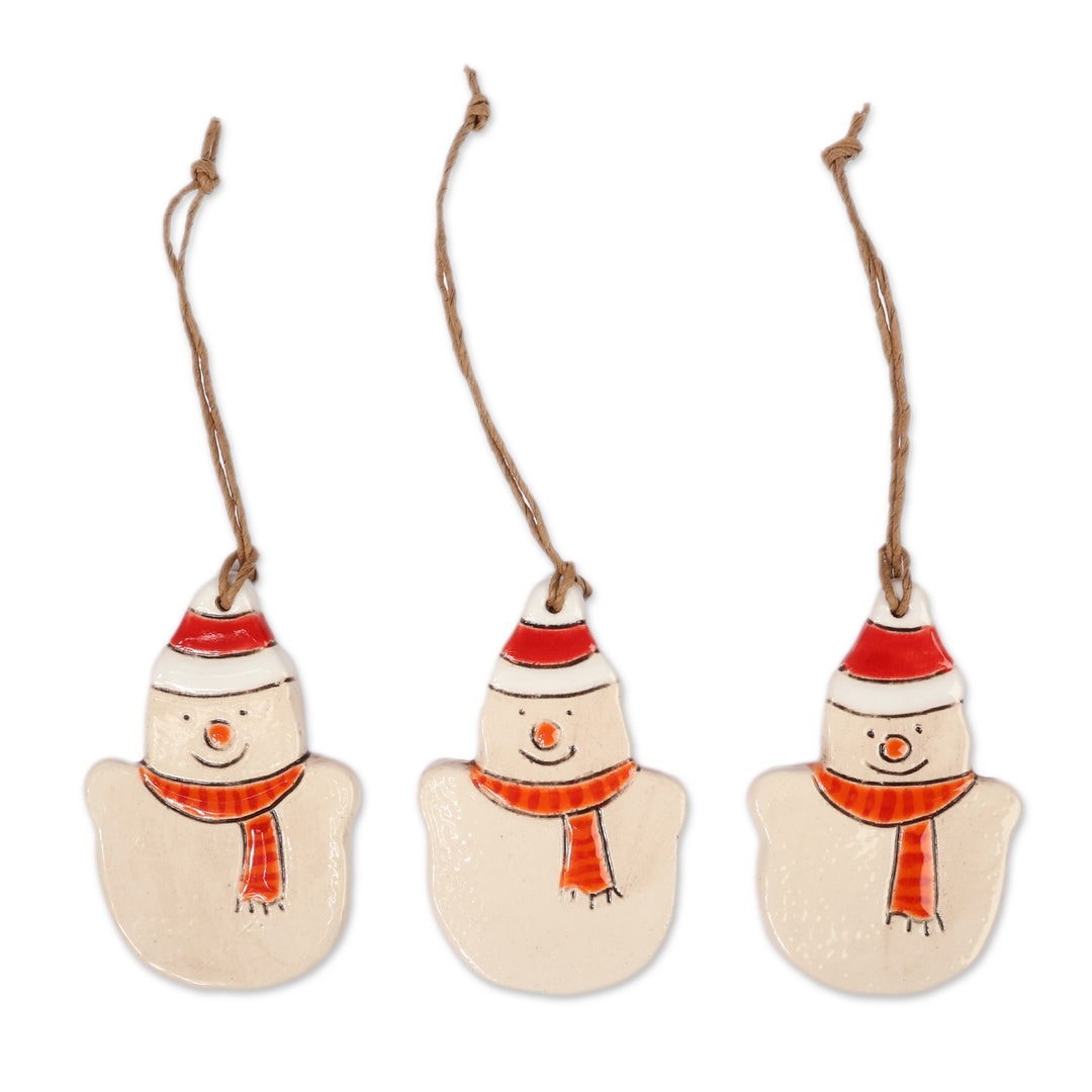 Set of 3 Christmas-Themed Painted Ceramic Snowman Ornaments - Snowy Greetings