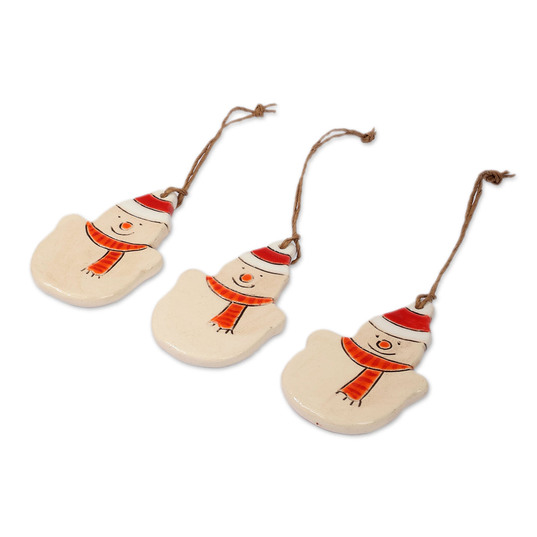 Set of 3 Christmas-Themed Painted Ceramic Snowman Ornaments - Snowy Greetings