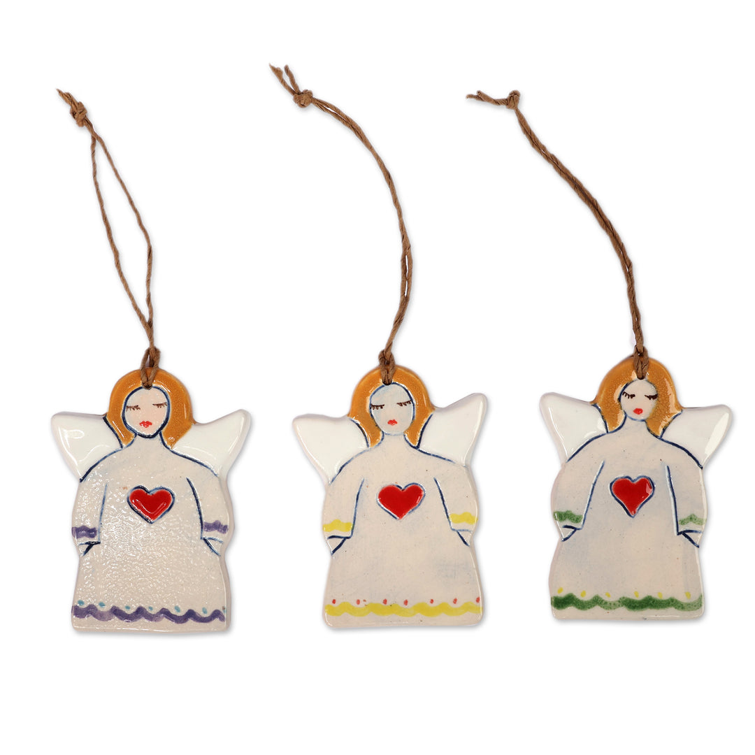 Fair Trade Hand-Painted 3-Piece Ceramic Angel Ornament Set - Angelic Hearts