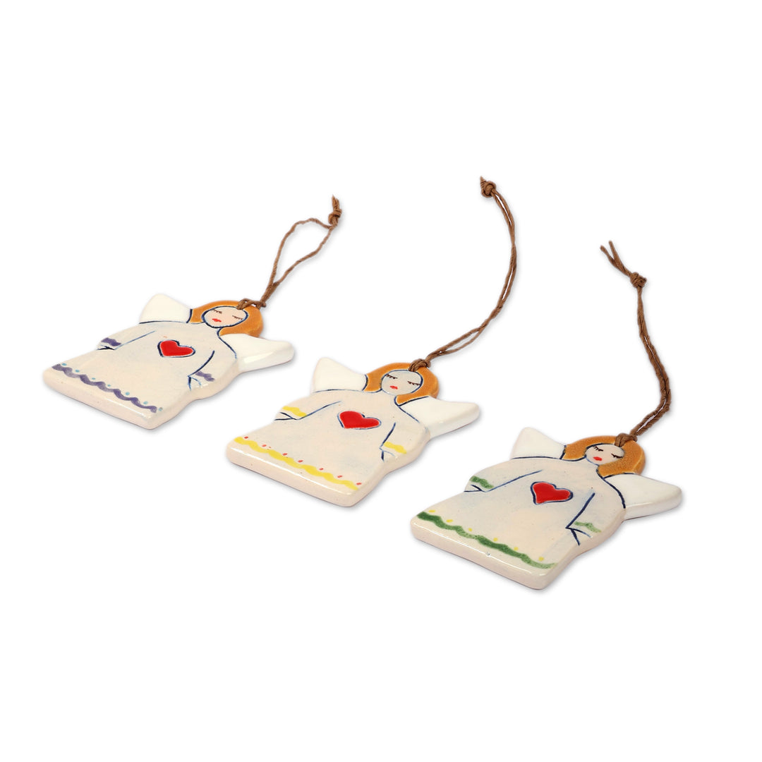 Fair Trade Hand-Painted 3-Piece Ceramic Angel Ornament Set - Angelic Hearts