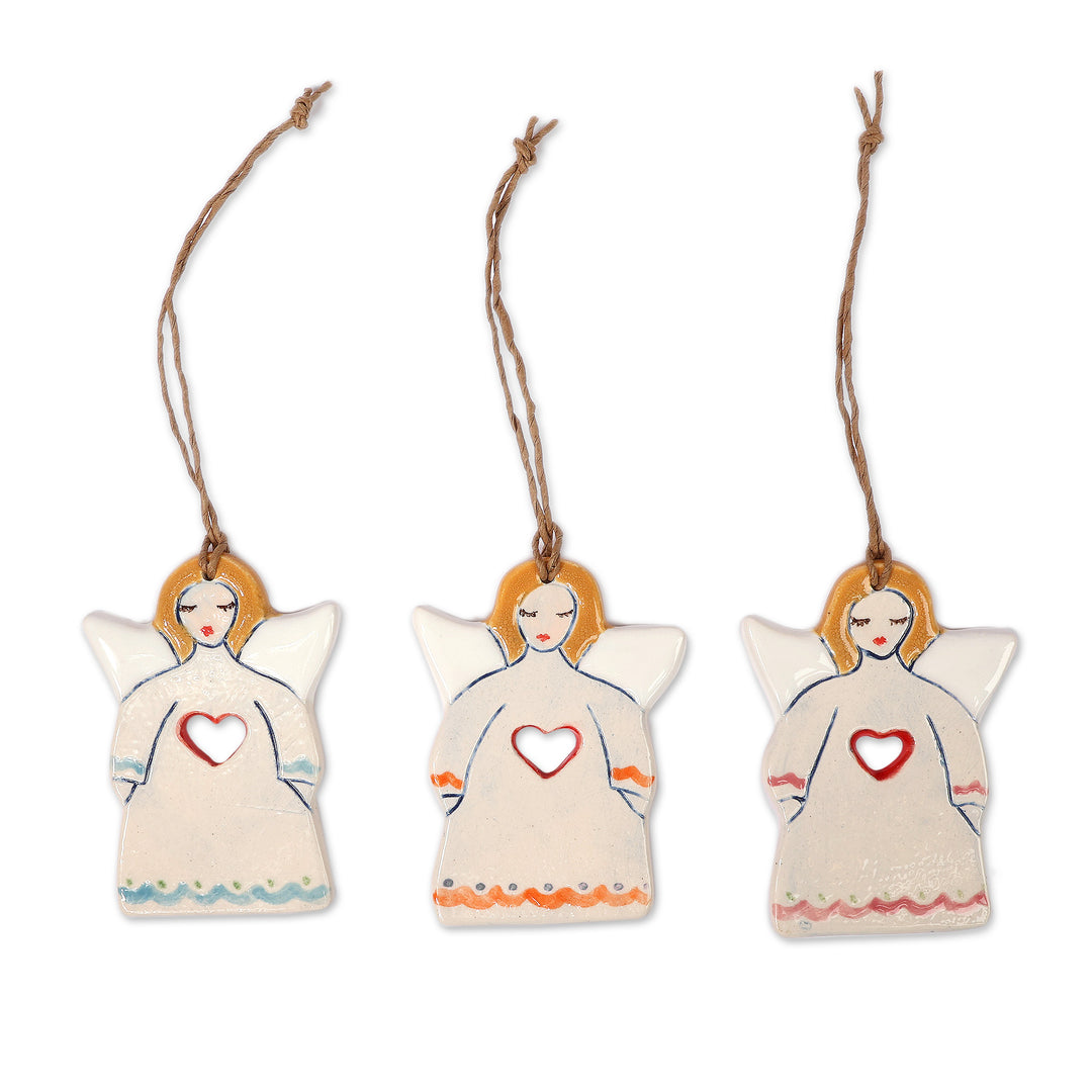 Handmade Set of 3 Angel Ceramic Ornaments with Heart Motifs - Angelic Core