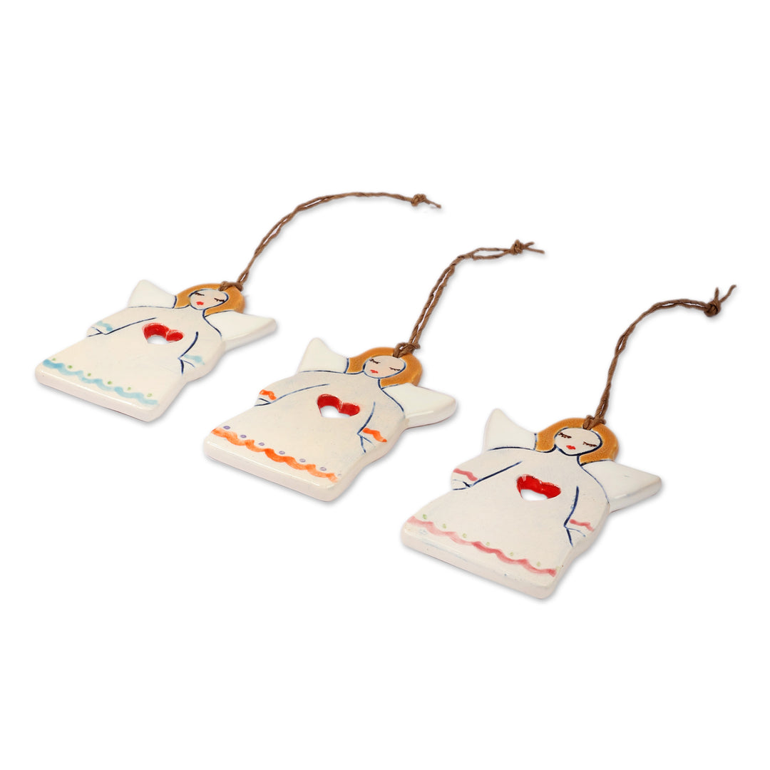 Handmade Set of 3 Angel Ceramic Ornaments with Heart Motifs - Angelic Core