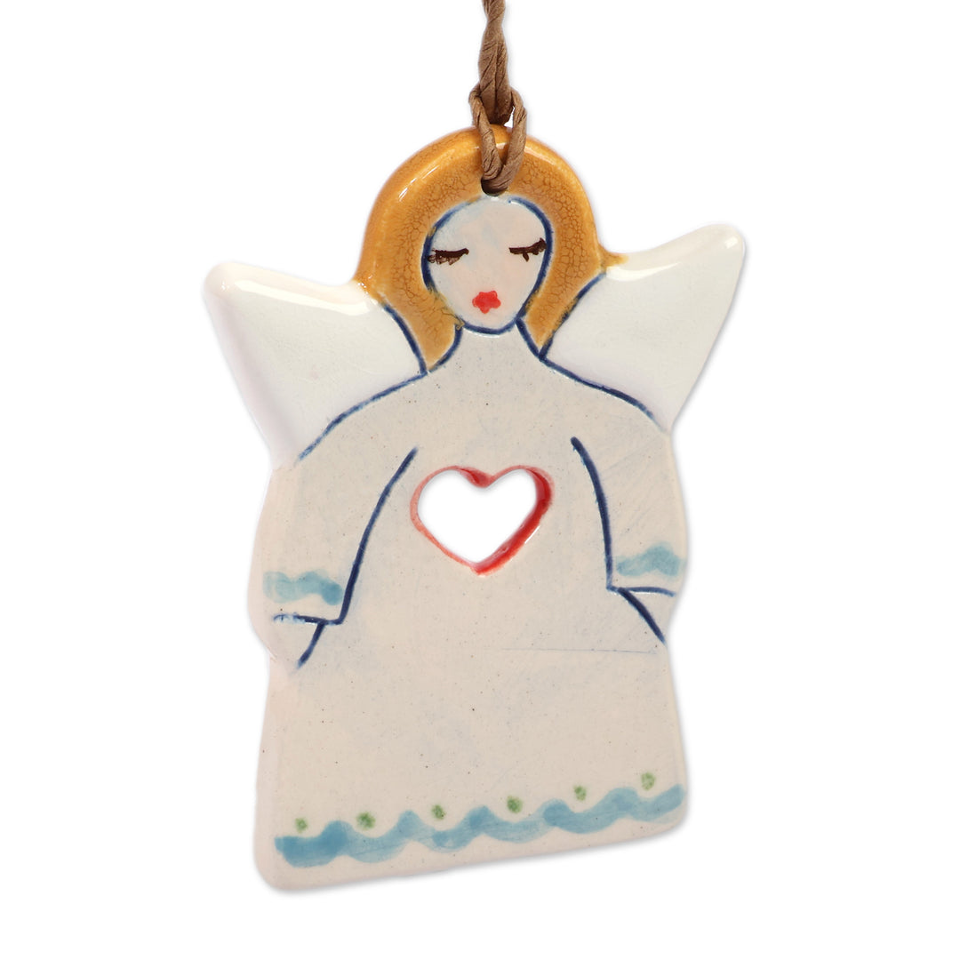 Handmade Set of 3 Angel Ceramic Ornaments with Heart Motifs - Angelic Core